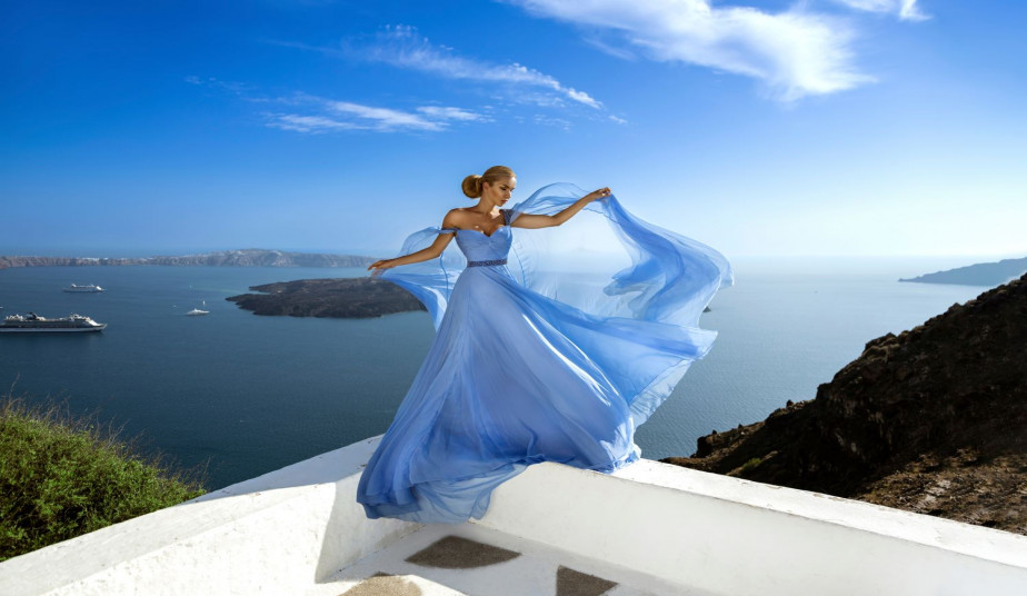 A Magical Flying Dress Photoshoot in Santorini