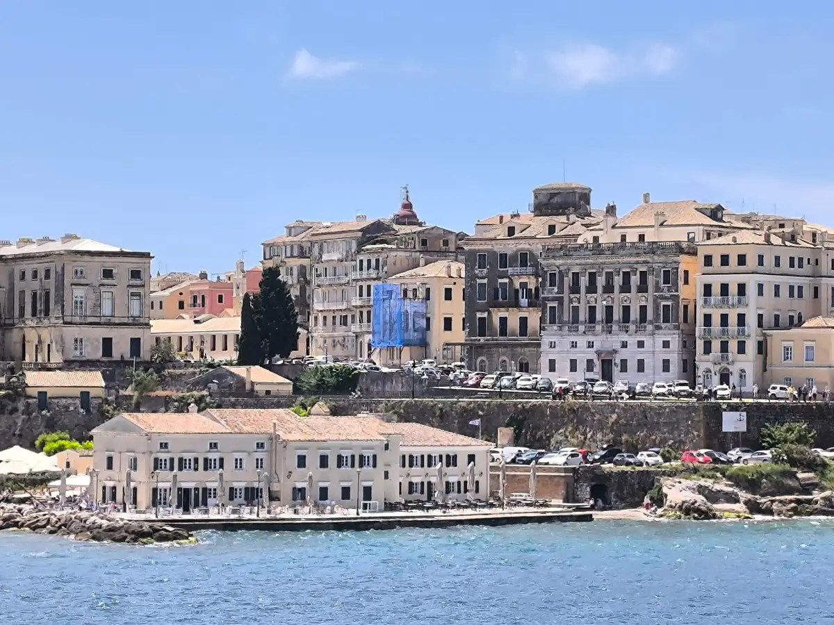 Corfu Old Town waterfront seen from the sea