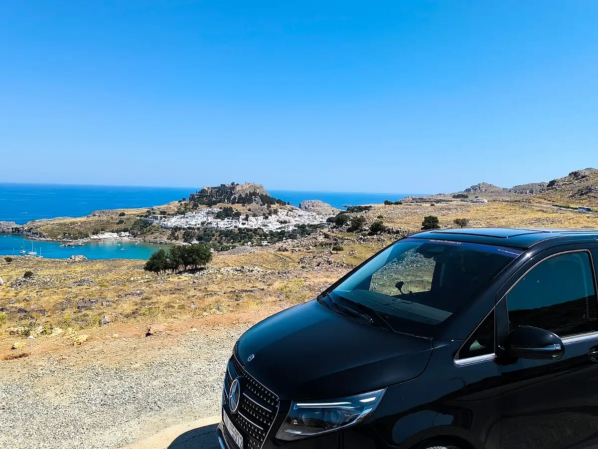 Our Mercedes V-Class on the road above Lindos, Rhodes