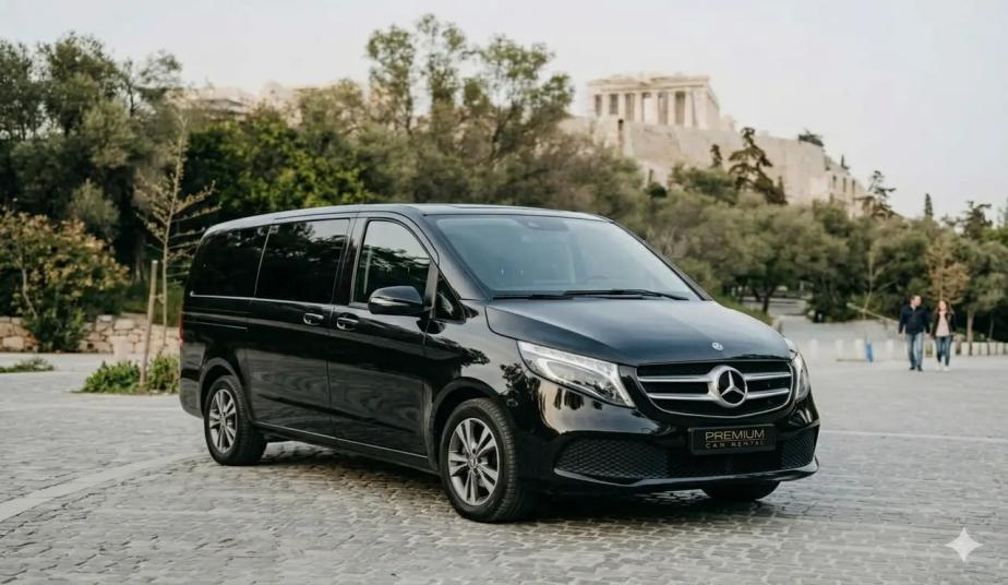 Private Mercedes van waiting at Piraeus cruise port for shore excursion transfer to Acropolis
