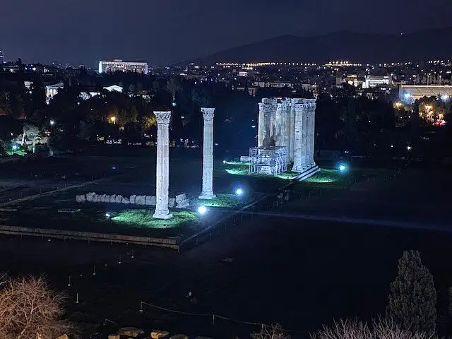 Temple of Olympian Zeus illuminated at night, Athens